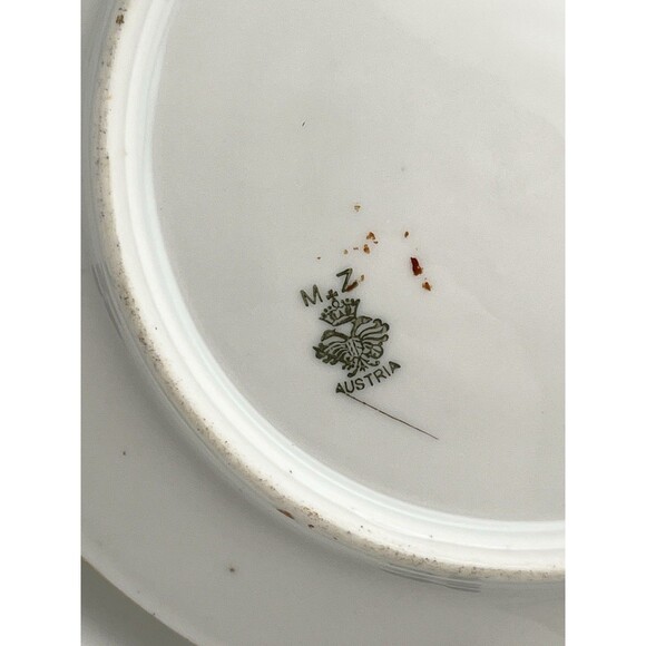 Antique MZ Austria 6.5” Porcelain Plate Floral White Gold Trim Pierced Handles - Picture 6 of 8